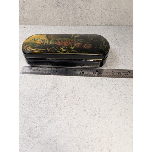 Hand-Painted Russian Lacquer Box – Peacock Scene – Long Trinket Box Red Interior - Picture 8 of 9